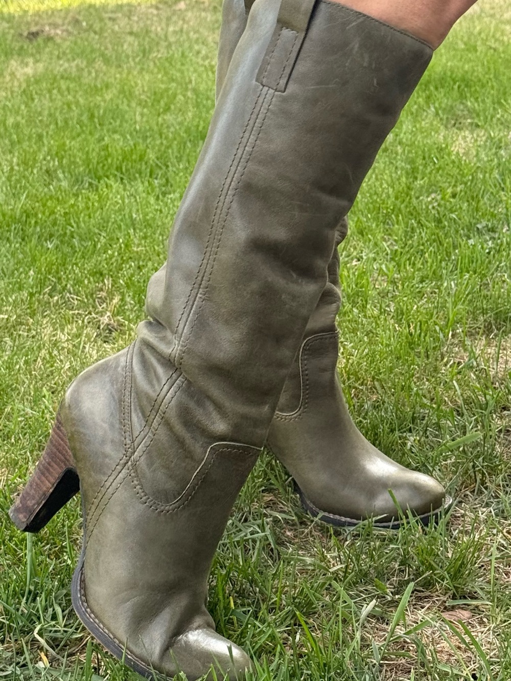 Spring 39 (8-8.5) Women's Olive Knee-High Heel Leather Boots lined Harlow Campus